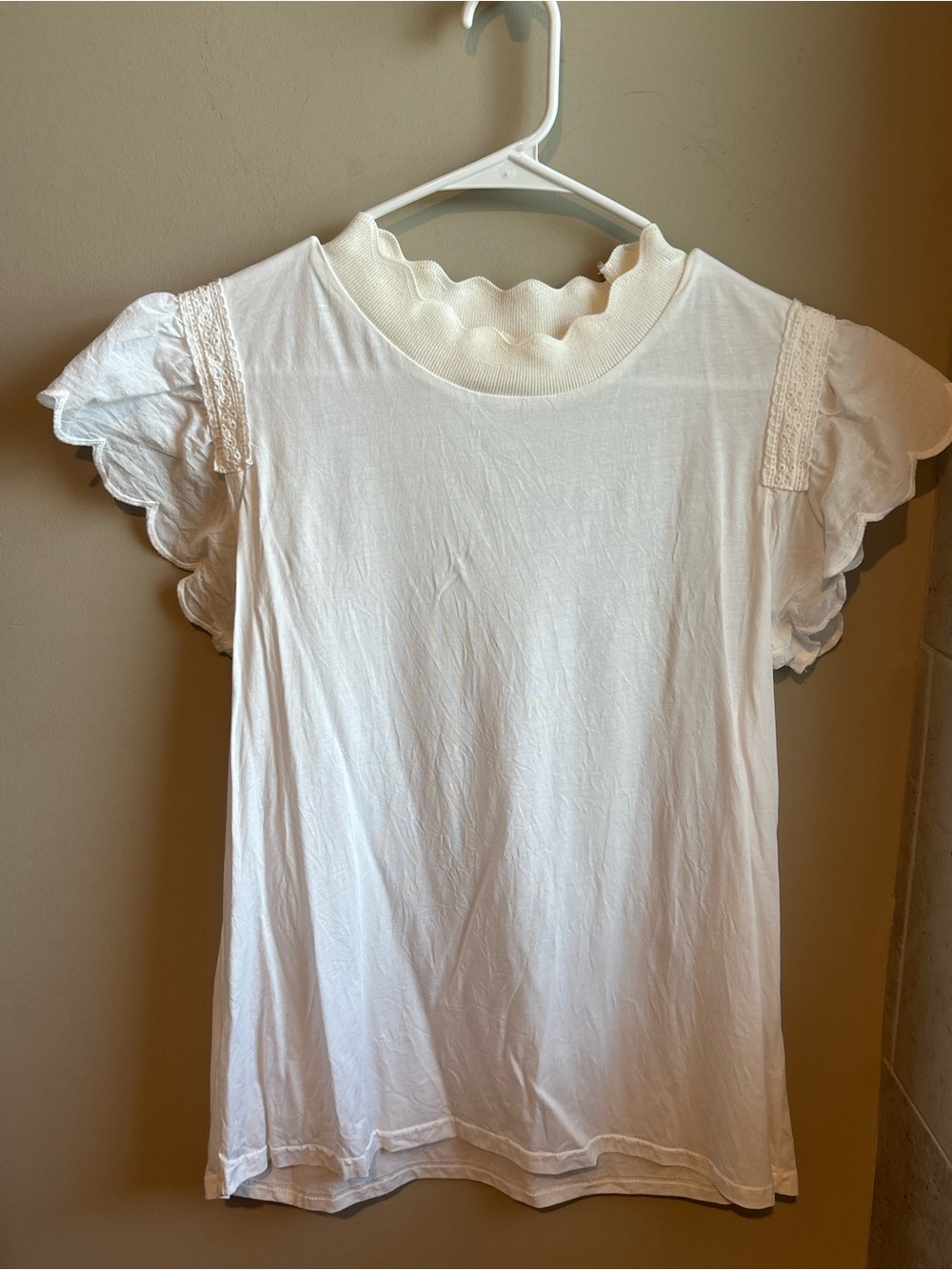 BiBi Cream Scalloped Neck Flutter Sleeve Top